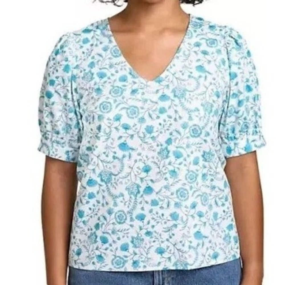 Draper James 100% Cotton Short Puff Sleeve Blue White Floral Top Sz XL‎ Spring